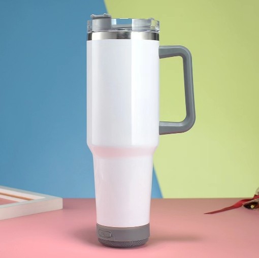 US Warehouse  40oz Sublimation White Blank Speaker Tumbler  with Colorful Handle 15pcs/case