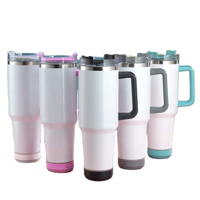 US Warehouse  40oz Sublimation White Blank Speaker Tumbler  with Colorful Handle 15pcs/case