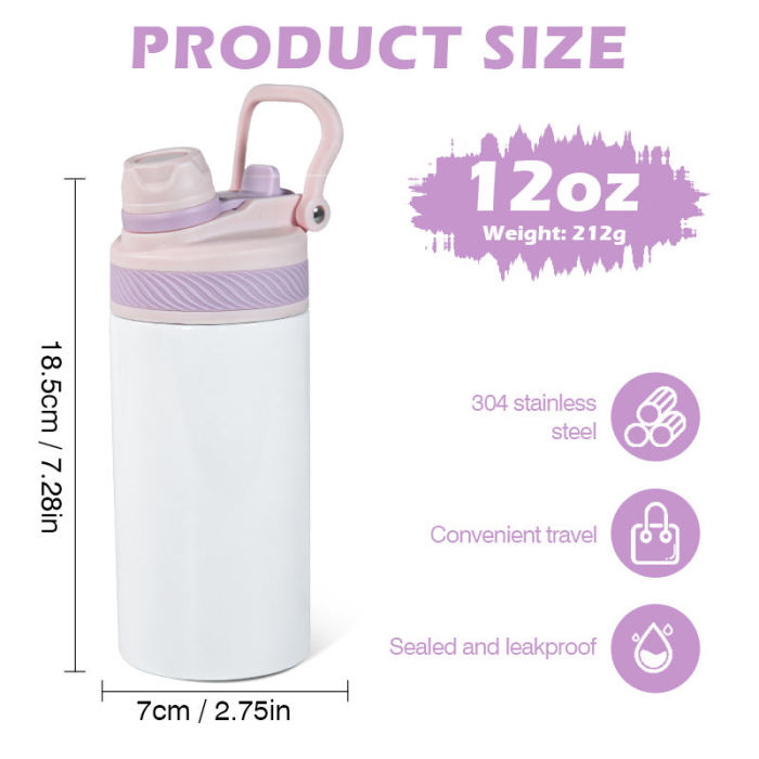USA warehouse 12oz stainless steel sublimation kids water bottle with new colored 2 in 1 lid  25pcs/case