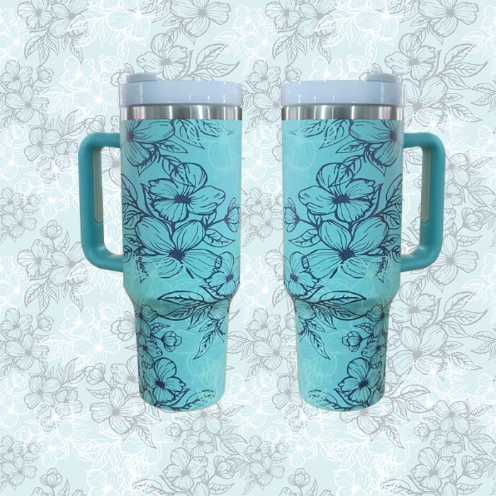 AGH 1pc 40oz Tumbler with handle flower reusable coffee tumbler travel cup mug stainless steel wide mouth thermal cup mint green with flower For women Mom and Grandma sister