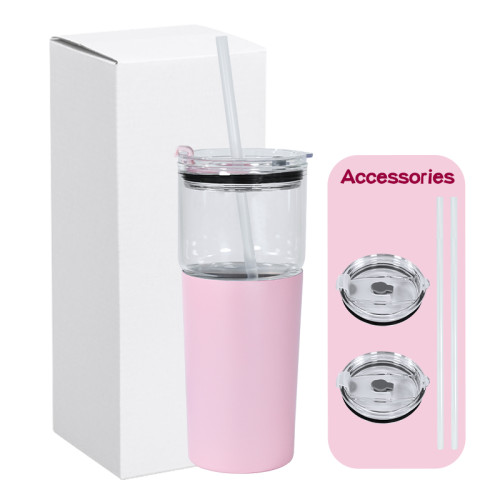 1 Pack AGH 25+16oz Pink Stainless Steel Thermal Cup Tumbler with 2-in-1 Lid & Straw Bubble Tea & Coffee Mug Reusable Travel Mug