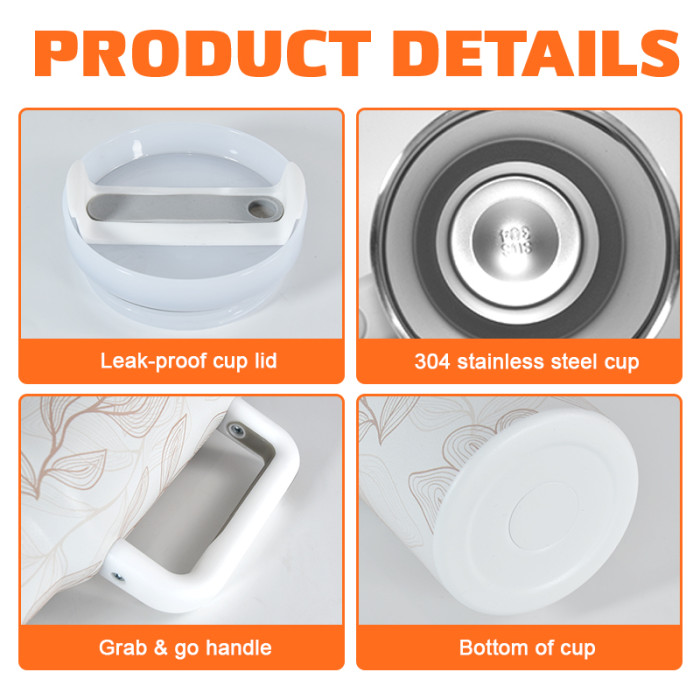 AGH 1 Pack 40oz stainless steel handle tumbler simple style leaf line-drawing 3D printing huge capacity For women Mom and Grandma sister