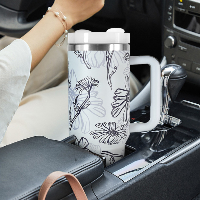 40oz Flower 3D printing logo stainless steel double wall vacuum mug handle tumbler with lid and straw For women Mom and Grandma sister