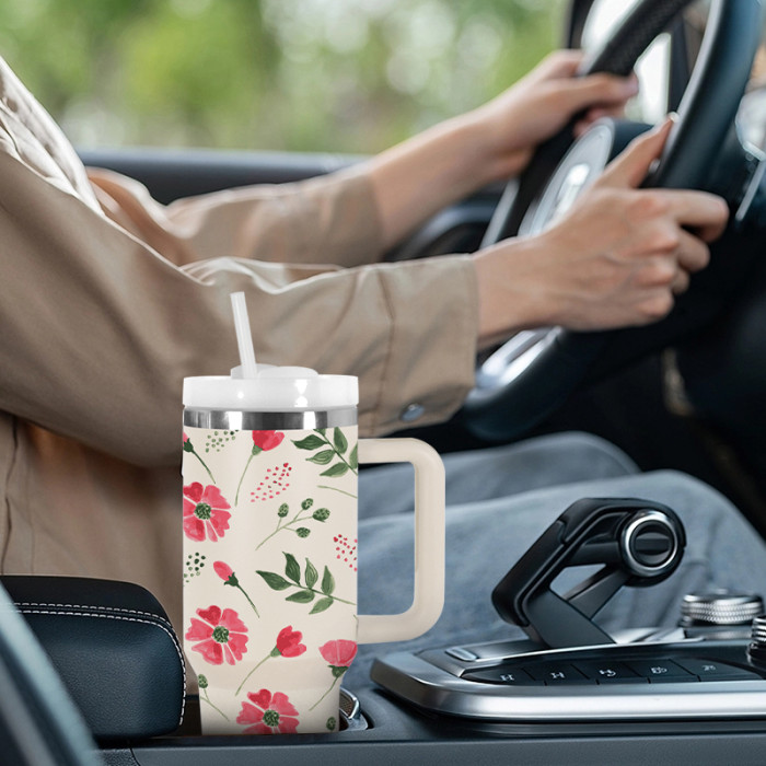 AGH 1pc 40oz Tumbler with handle flower reusable coffee tumbler travel mug stainless steel wide mouth thermal cup For women Mom and Grandma sister