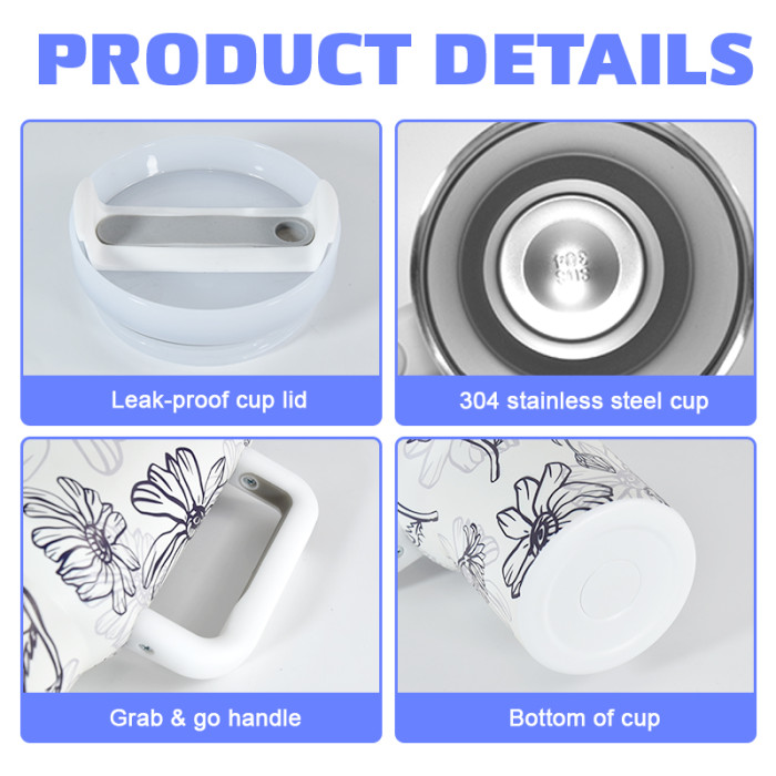 40oz Flower 3D printing logo stainless steel double wall vacuum mug handle tumbler with lid and straw For women Mom and Grandma sister