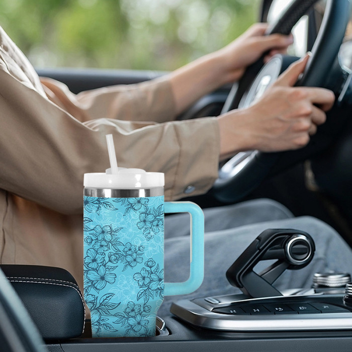 AGH 1pc 40oz Tumbler with handle flower reusable coffee tumbler travel cup mug stainless steel wide mouth thermal cup mint green with flower For women Mom and Grandma sister