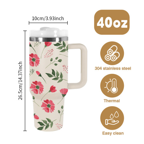 AGH 1pc 40oz Tumbler with handle flower reusable coffee tumbler travel mug stainless steel wide mouth thermal cup For women Mom and Grandma sister