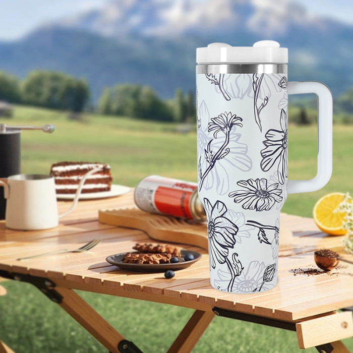 40oz Flower 3D printing logo stainless steel double wall vacuum mug handle tumbler with lid and straw For women Mom and Grandma sister