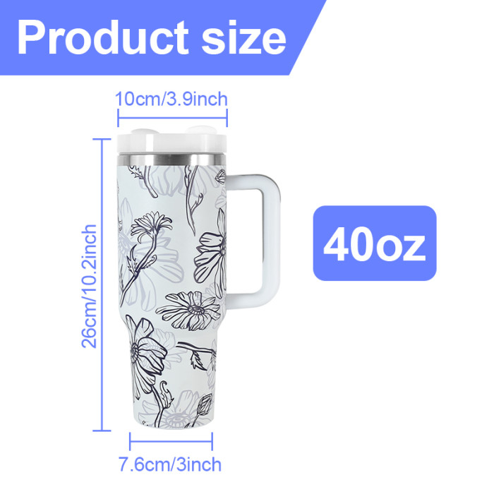 40oz Flower 3D printing logo stainless steel double wall vacuum mug handle tumbler with lid and straw For women Mom and Grandma sister