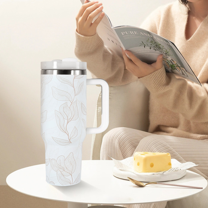 AGH 1 Pack 40oz stainless steel handle tumbler simple style leaf line-drawing 3D printing huge capacity For women Mom and Grandma sister