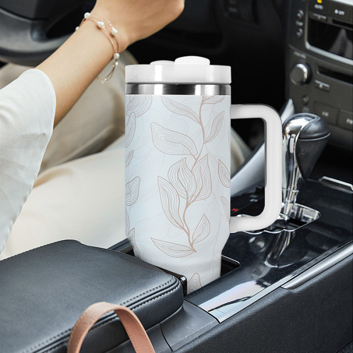 AGH 1 Pack 40oz stainless steel handle tumbler simple style leaf line-drawing 3D printing huge capacity For women Mom and Grandma sister