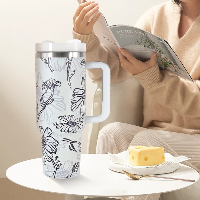 40oz Flower 3D printing logo stainless steel double wall vacuum mug handle tumbler with lid and straw For women Mom and Grandma sister