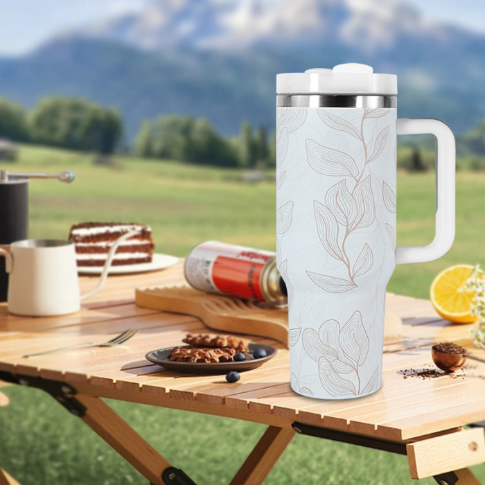 AGH 1 Pack 40oz stainless steel handle tumbler simple style leaf line-drawing 3D printing huge capacity For women Mom and Grandma sister