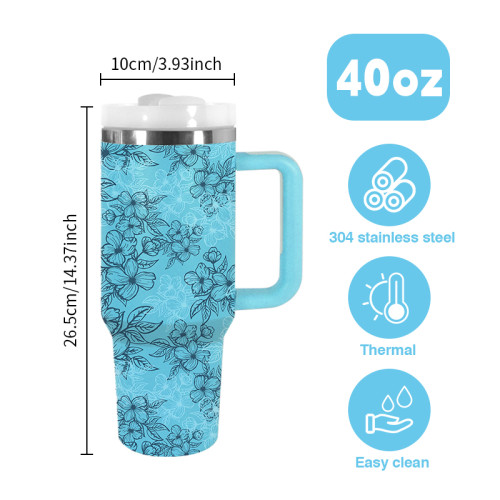 AGH 1pc 40oz Tumbler with handle flower reusable coffee tumbler travel cup mug stainless steel wide mouth thermal cup mint green with flower For women Mom and Grandma sister