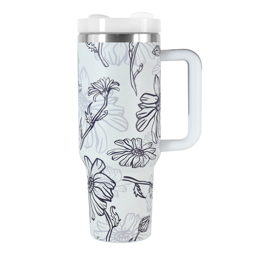 40oz Flower 3D printing logo stainless steel double wall vacuum mug handle tumbler with lid and straw For women Mom and Grandma sister