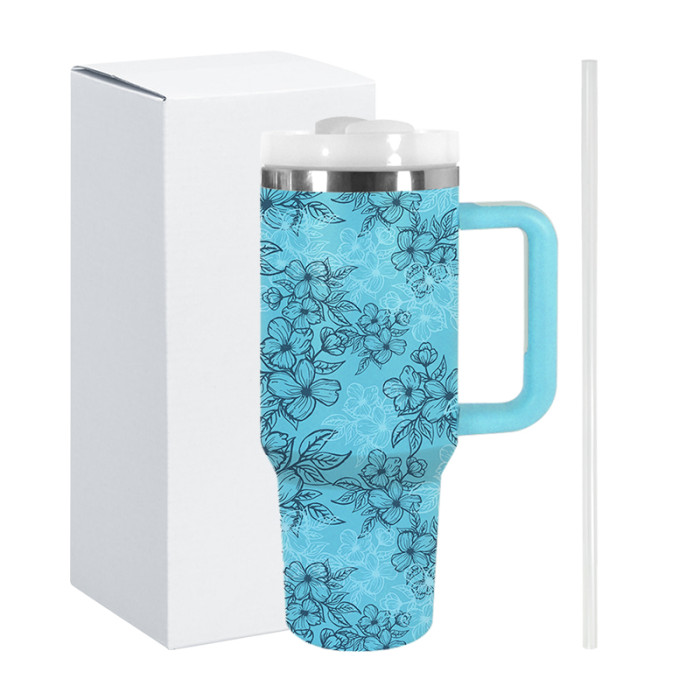 AGH 1pc 40oz Tumbler with handle flower reusable coffee tumbler travel cup mug stainless steel wide mouth thermal cup mint green with flower For women Mom and Grandma sister