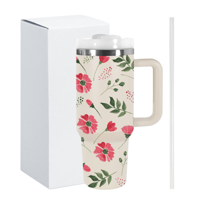 AGH 1pc 40oz Tumbler with handle flower reusable coffee tumbler travel mug stainless steel wide mouth thermal cup For women Mom and Grandma sister