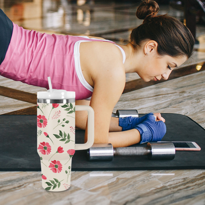 AGH 1pc 40oz Tumbler with handle flower reusable coffee tumbler travel mug stainless steel wide mouth thermal cup For women Mom and Grandma sister