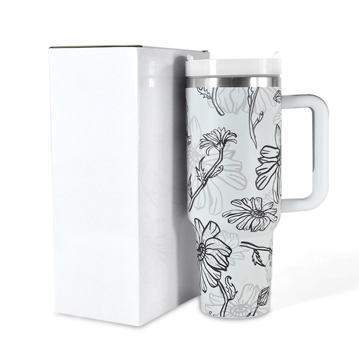 40oz Flower 3D printing logo stainless steel double wall vacuum mug handle tumbler with lid and straw For women Mom and Grandma sister