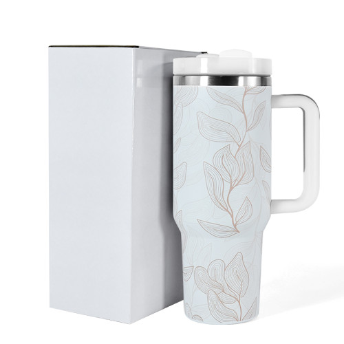 AGH 1 Pack 40oz stainless steel handle tumbler simple style leaf line-drawing 3D printing huge capacity For women Mom and Grandma sister