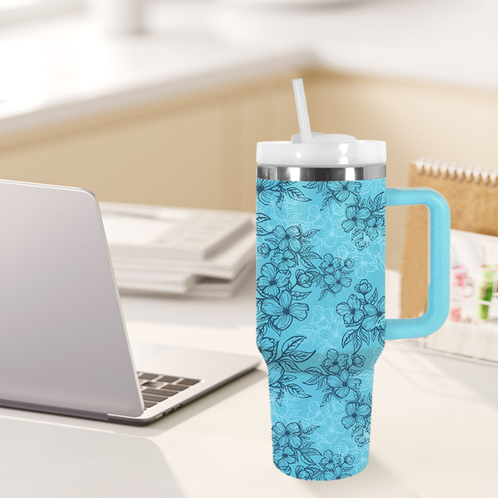 AGH 1pc 40oz Tumbler with handle flower reusable coffee tumbler travel cup mug stainless steel wide mouth thermal cup mint green with flower For women Mom and Grandma sister