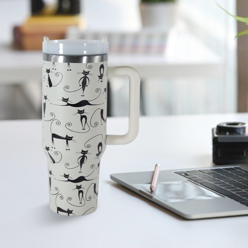 AGH 1pc 40oz stainless steel with cat 3D printing logo car handle tumbler with strew lid and straw For women Mom and Grandma sister