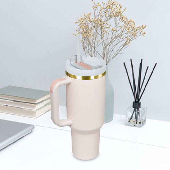 AGH 6pcs 40oz Copper rim handle tumbler with lid and straw - 2pcs Rose Pink 2pcs Light Pink 2pcs Cream color