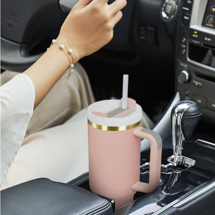 AGH 6pcs 40oz Copper rim handle tumbler with lid and straw - 2pcs Rose Pink 2pcs Light Pink 2pcs Cream color