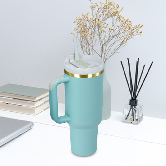 AGH 6pcs 40oz Copper rim handle tumbler with lid and straw - 2pcs Fuchsia 2pcs Eucalyptus 2pcs Lake green