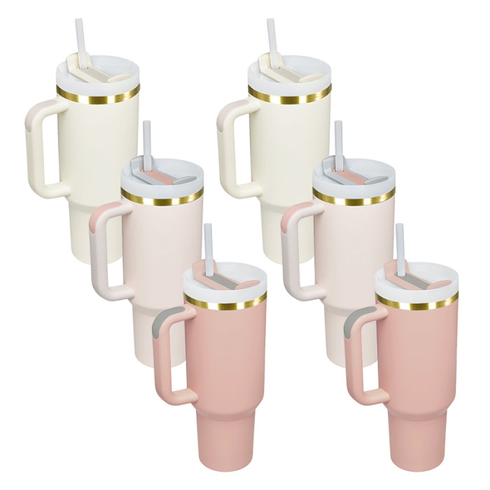AGH 6pcs 40oz Copper rim handle tumbler with lid and straw - 2pcs Rose Pink 2pcs Light Pink 2pcs Cream color