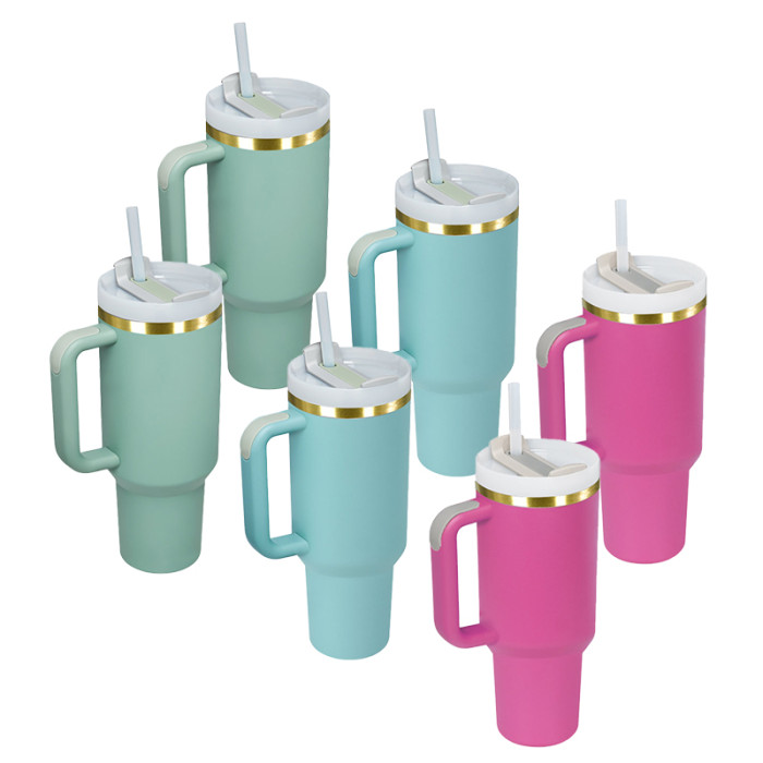 AGH 6pcs 40oz Copper rim handle tumbler with lid and straw - 2pcs Fuchsia 2pcs Eucalyptus 2pcs Lake green