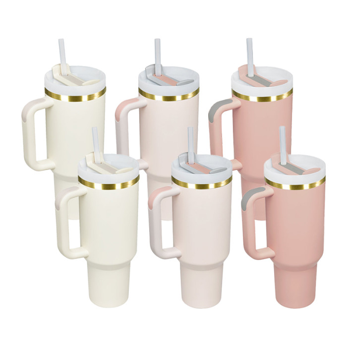AGH 6pcs 40oz Copper rim handle tumbler with lid and straw - 2pcs Rose Pink 2pcs Light Pink 2pcs Cream color