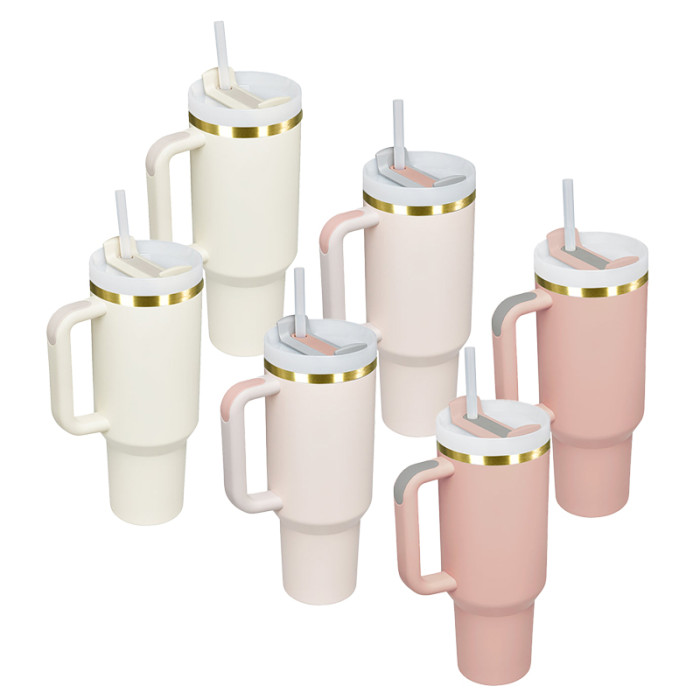 AGH 6pcs 40oz Copper rim handle tumbler with lid and straw - 2pcs Rose Pink 2pcs Light Pink 2pcs Cream color