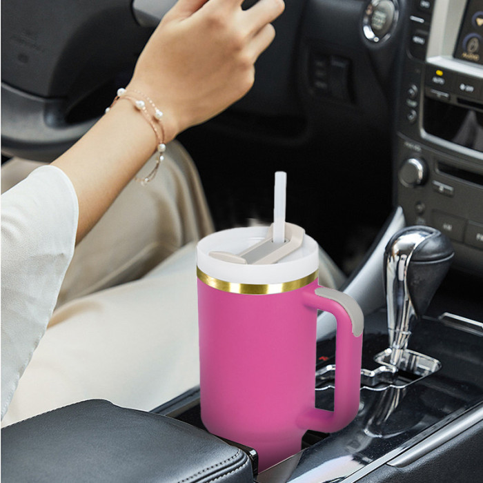 AGH 6pcs 40oz Copper rim handle tumbler with lid and straw - 2pcs Fuchsia 2pcs Eucalyptus 2pcs Lake green