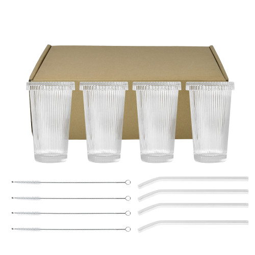 AGH 375ml Vintage mason Ribbed jarglasses 4ps striped glass coffee mug soft drinks water cup with glass lid and straw family set Drinkware Tumblers glassware glass tumbler