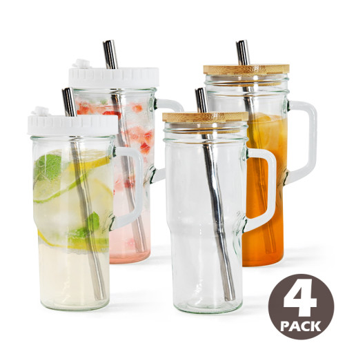 AGH USA warehouse 24oz Vintage family pack 24oz glass mason can jarglasses tumbler with handle with 2lids and 4 glass straws - for ice soft drink fresh juice bubble tea coffee latte Bottles Drinkware Mugs