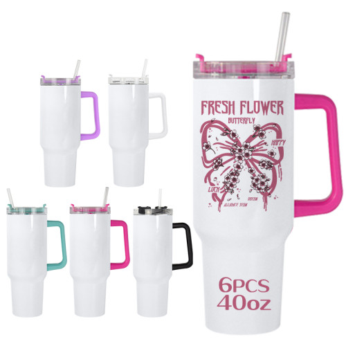 AGH 6pcs 40oz sublimation blank 24-hour white handle tumbler with straw and lid - handle mixed color Reusable Portable Mug cold coffee travel cup