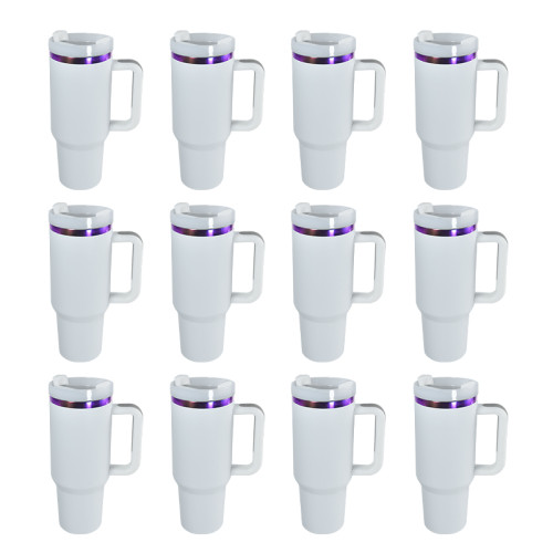 RTS US warehouse 40oz powder coated purple rim type tumbler with handle and plastic straw 12pcs/carton