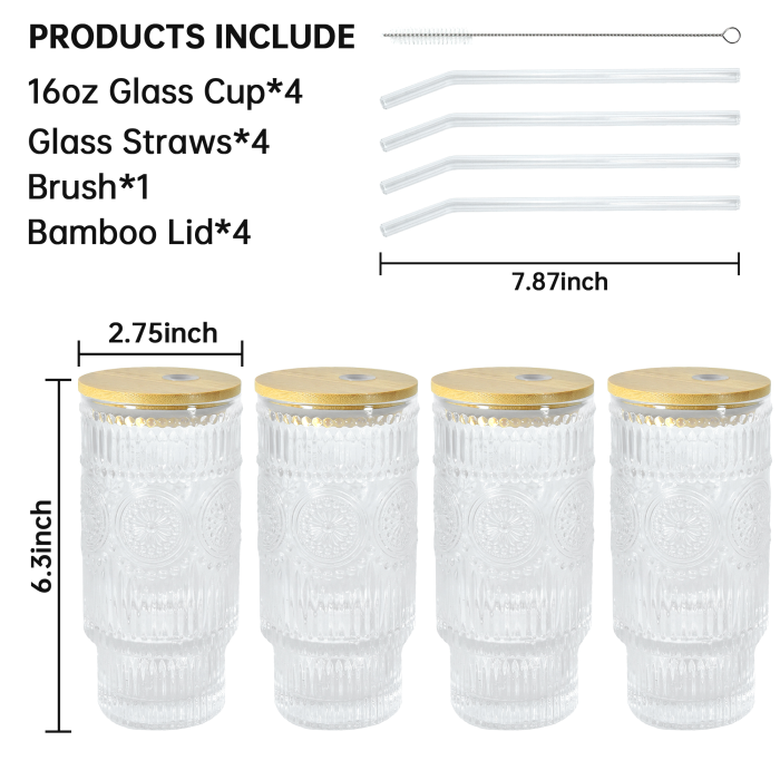 4 Pack 16oz Drinking Glasses Cups Set with Bamboo Lids Straws Brush 4 styles Vintage Glassware Set for Juice Iced Coffee Beer Cocktail Whiskey