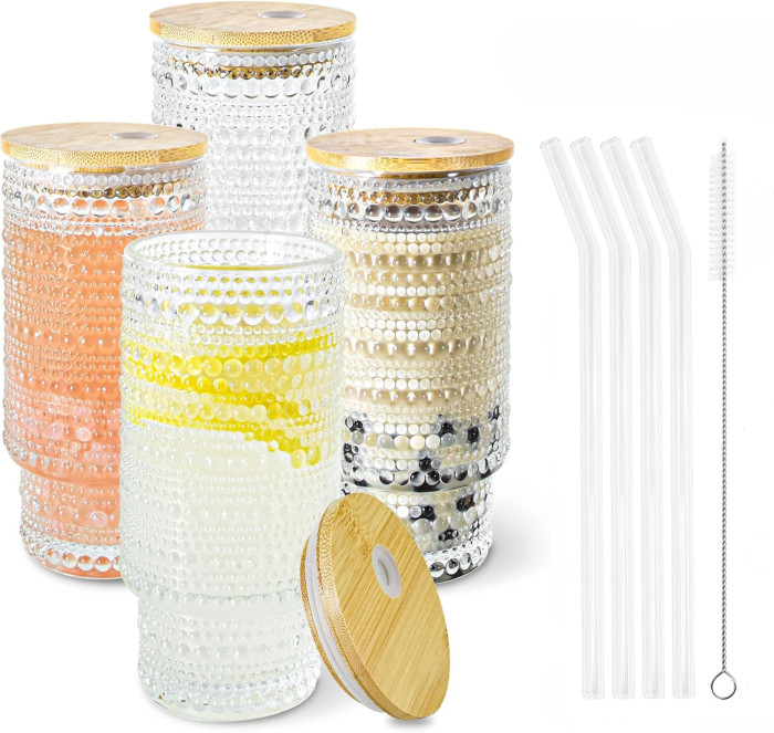 4 Pack 16oz Drinking Glasses Cups Set with Bamboo Lids Straws Brush 4 styles Vintage Glassware Set for Juice Iced Coffee Beer Cocktail Whiskey