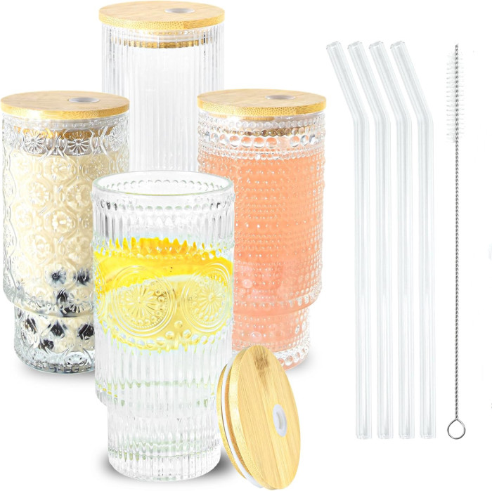 4 Pack 16oz Drinking Glasses Cups Set with Bamboo Lids Straws Brush 4 styles Vintage Glassware Set for Juice Iced Coffee Beer Cocktail Whiskey