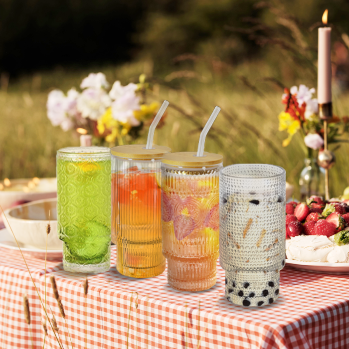 4 Pack 16oz Drinking Glasses Cups Set with Bamboo Lids Straws Brush 4 styles Vintage Glassware Set for Juice Iced Coffee Beer Cocktail Whiskey