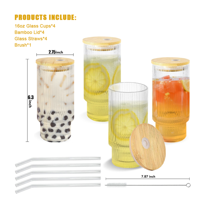 4 Pack 16oz Drinking Glasses Cups Set with Bamboo Lids Straws Brush 4 styles Vintage Glassware Set for Juice Iced Coffee Beer Cocktail Whiskey