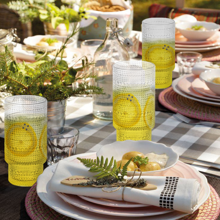 4 Pack 16oz Drinking Glasses Cups Set with Bamboo Lids Straws Brush 4 styles Vintage Glassware Set for Juice Iced Coffee Beer Cocktail Whiskey