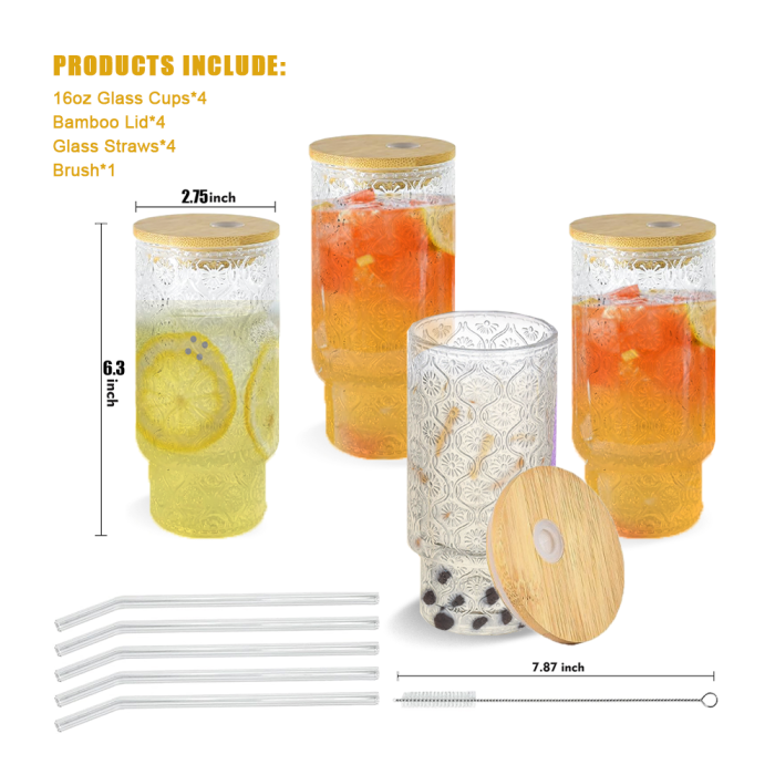 4 Pack 16oz Drinking Glasses Cups Set with Bamboo Lids Straws Brush 4 styles Vintage Glassware Set for Juice Iced Coffee Beer Cocktail Whiskey