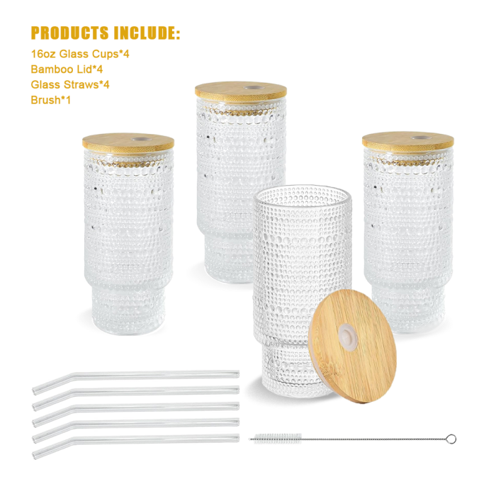 4 Pack 16oz Drinking Glasses Cups Set with Bamboo Lids Straws Brush 4 styles Vintage Glassware Set for Juice Iced Coffee Beer Cocktail Whiskey