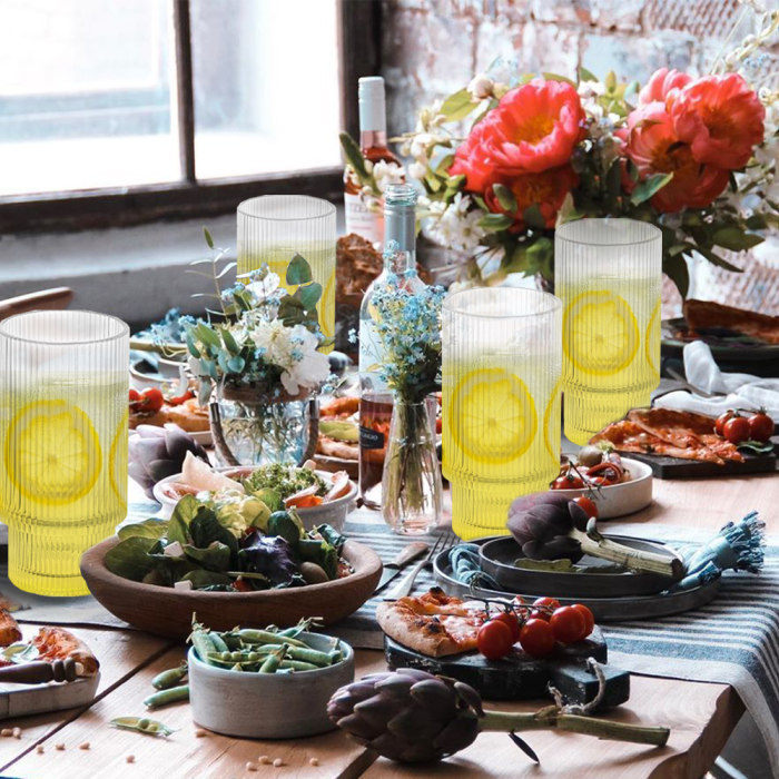 4 Pack 16oz Drinking Glasses Cups Set with Bamboo Lids Straws Brush 4 styles Vintage Glassware Set for Juice Iced Coffee Beer Cocktail Whiskey