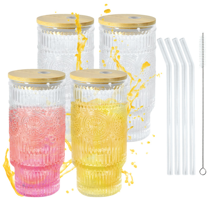 4 Pack 16oz Drinking Glasses Cups Set with Bamboo Lids Straws Brush 4 styles Vintage Glassware Set for Juice Iced Coffee Beer Cocktail Whiskey