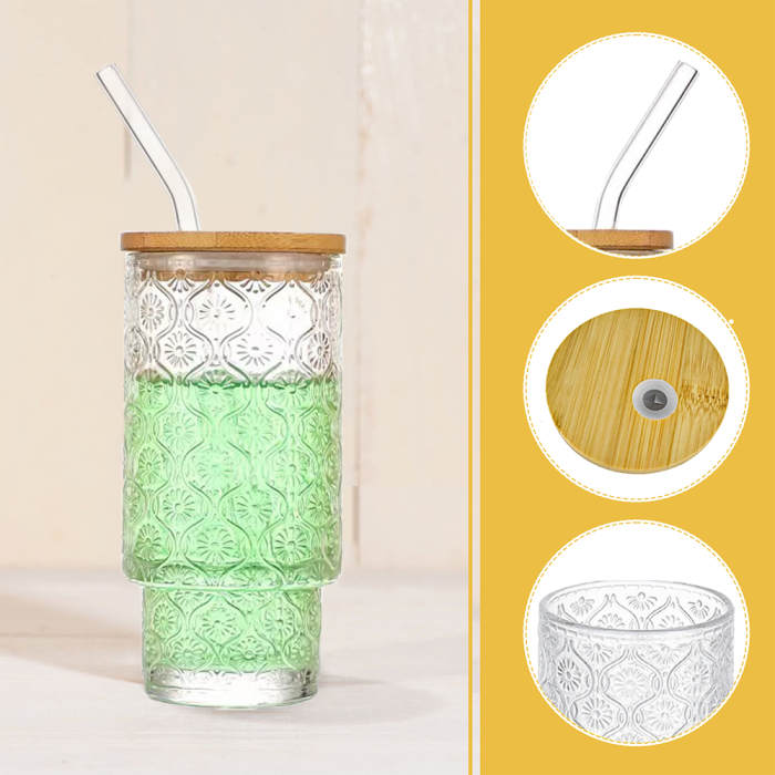 4 Pack 16oz Drinking Glasses Cups Set with Bamboo Lids Straws Brush 4 styles Vintage Glassware Set for Juice Iced Coffee Beer Cocktail Whiskey