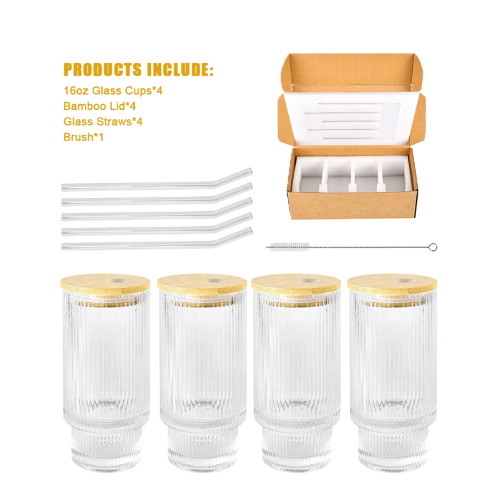 4 Pack 16oz Drinking Glasses Cups Set with Bamboo Lids Straws Brush 4 styles Vintage Glassware Set for Juice Iced Coffee Beer Cocktail Whiskey